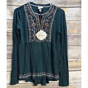 Knox Rose Green Long Sleeve Women's Small Embroidered Tunic Blouse NEW Boho